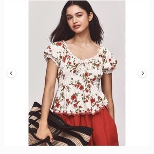 Maeve White Floral Puff-Sleeve Tie-Front Top